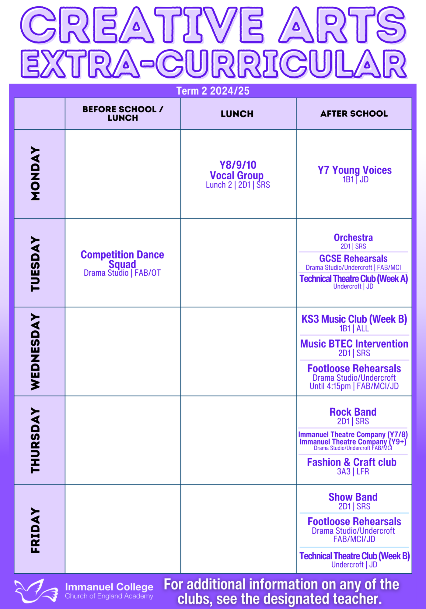 Creative Arts Extra Curricular Timetable Jan 25