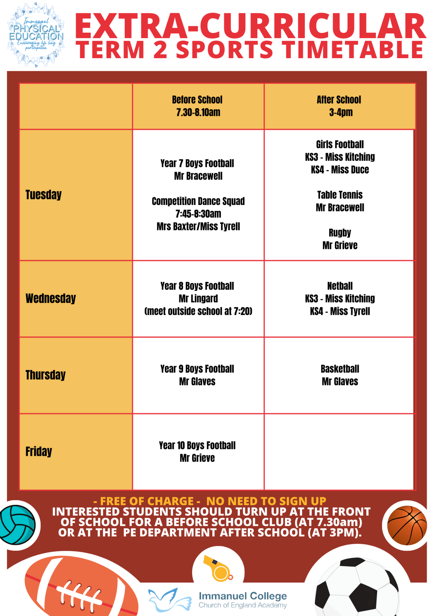 Extra Curricular Sports Timetable term 2 2425