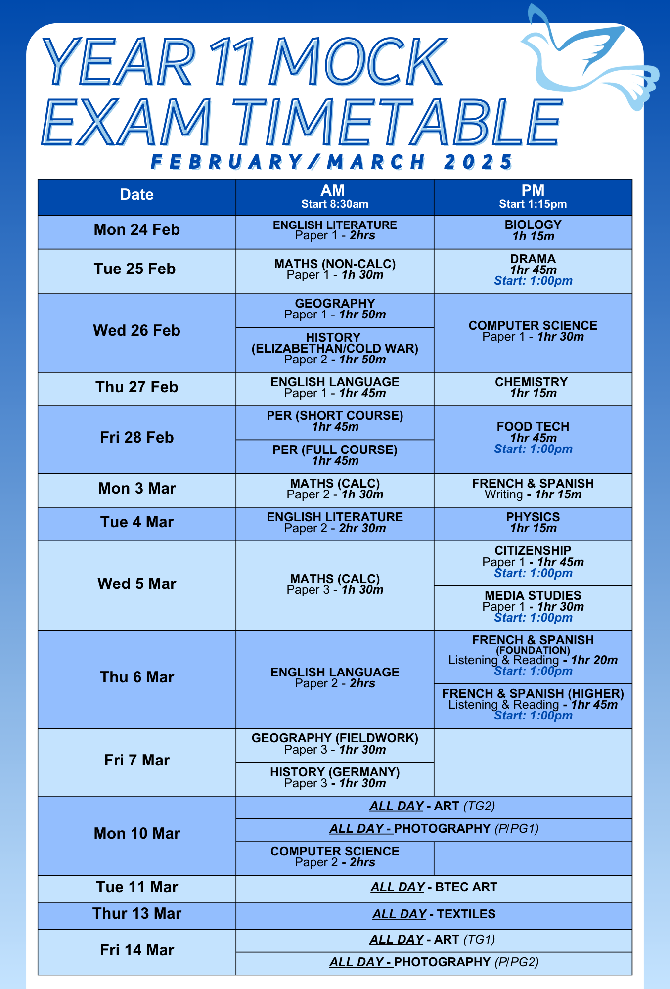 Y11 Mock Exam timetable Feb 25  (1)