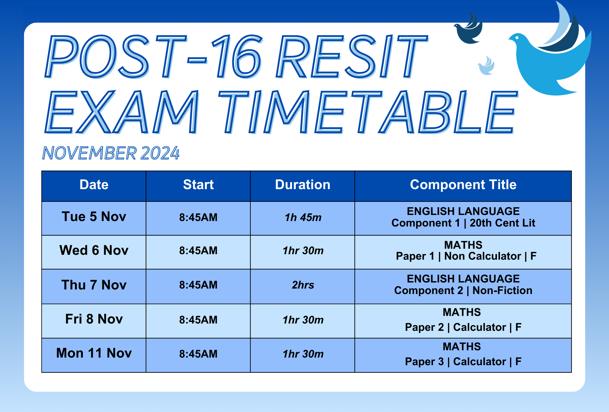 p16 resit exam timetable 24