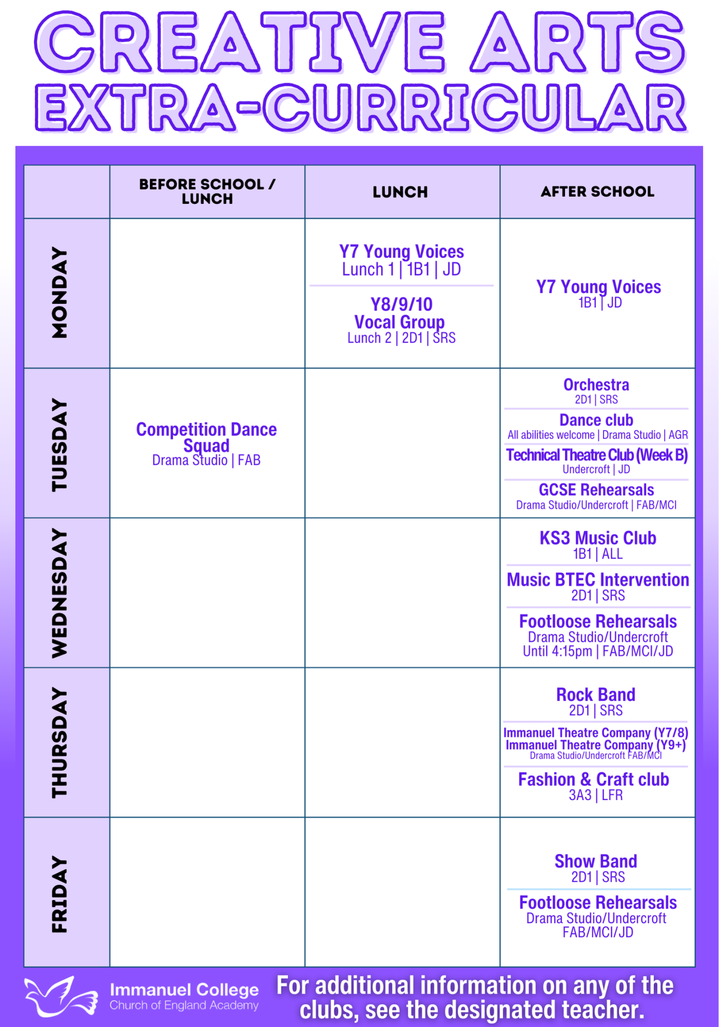 Creative Arts Extra Curricular Timetable Nov 24